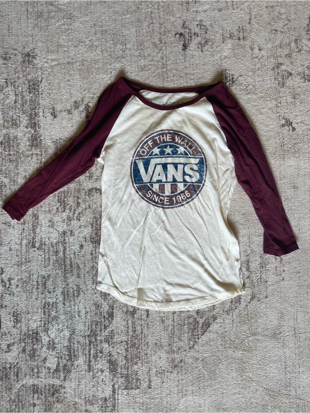 Vans White Raglan Tee with Burgundy Sleeves